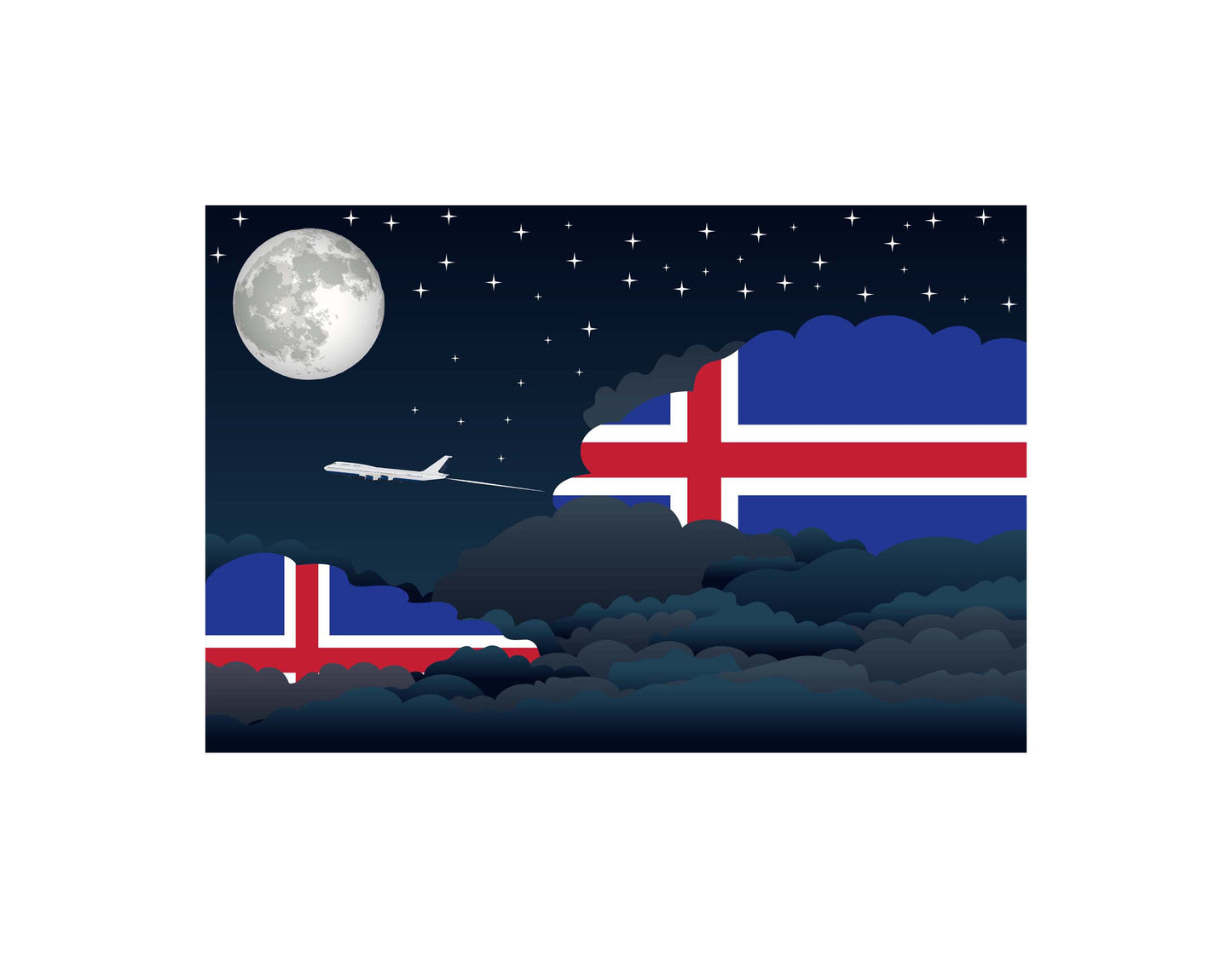 Iceland Airplane Night Clouds Vector Illustrations | Aviation Night Sky Collection