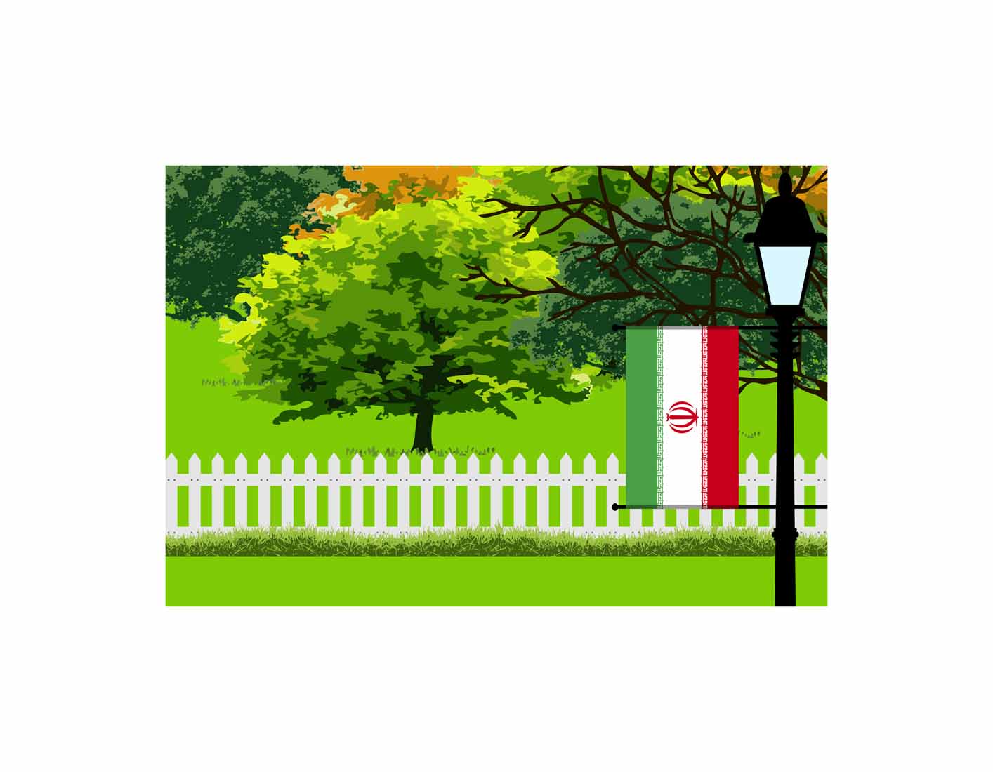 Iran Flag Trees Street Lamp Vector Illustration