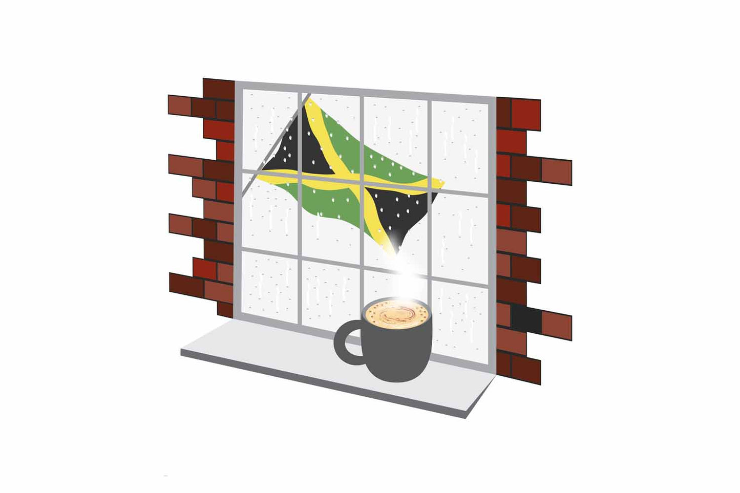 Jamaica Coffee Rain Window Vector Illustration | Cozy Café Scene