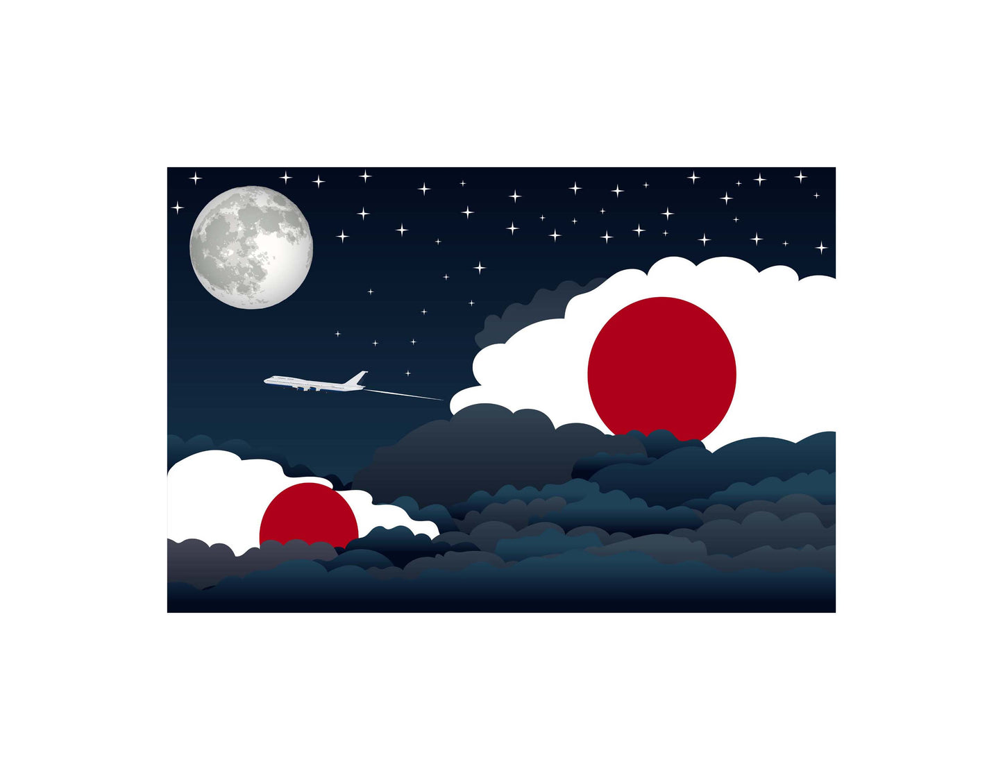 Japan Night Clouds Airplane Airport Flight Vector Illustration