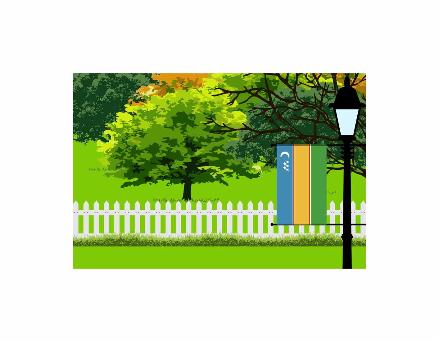 Karakalpakstan Flag Trees Street Lamp Vector Illustration