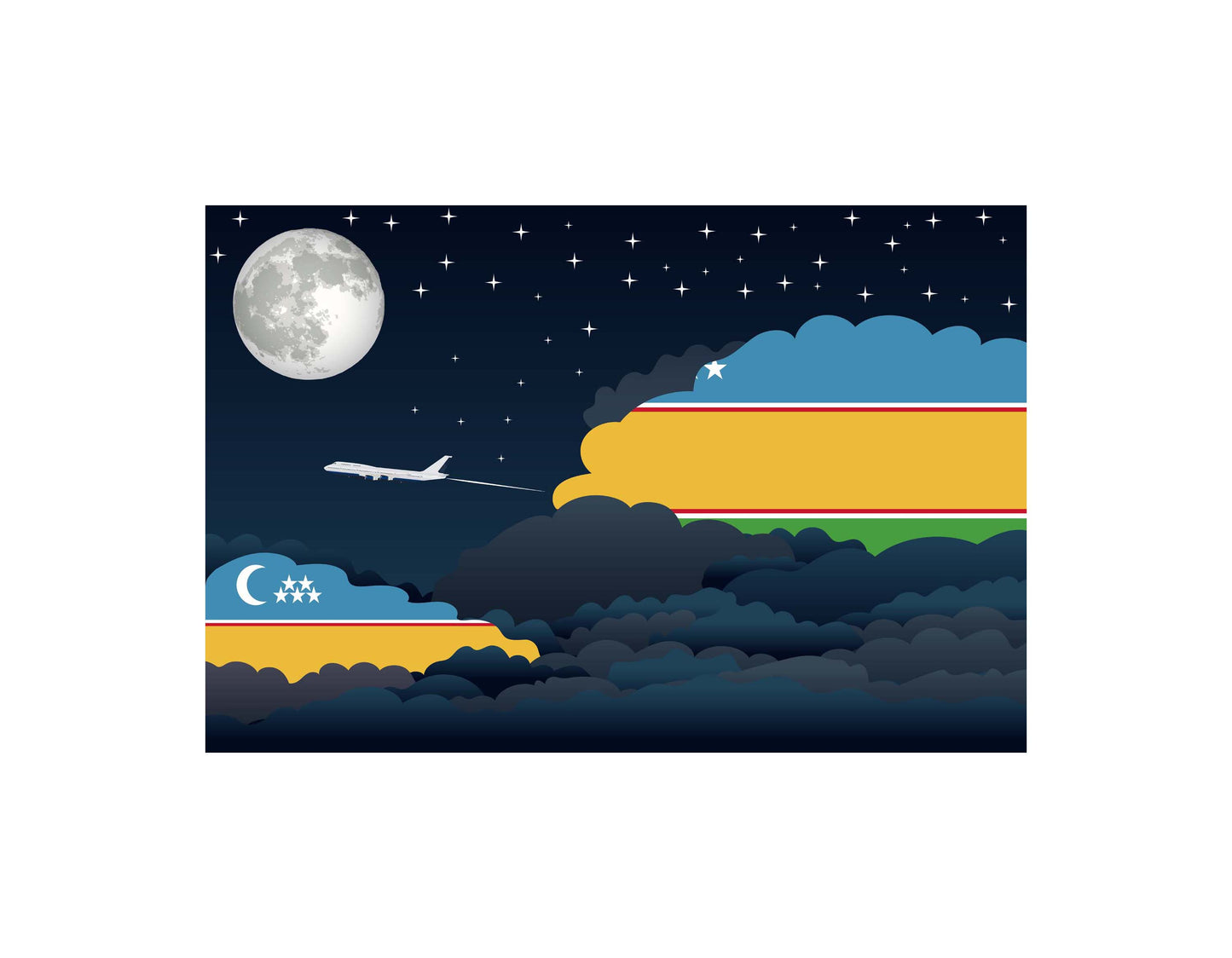 Karakalpakstan Airplane Night Clouds Vector Illustrations | Aviation Night Sky Collection