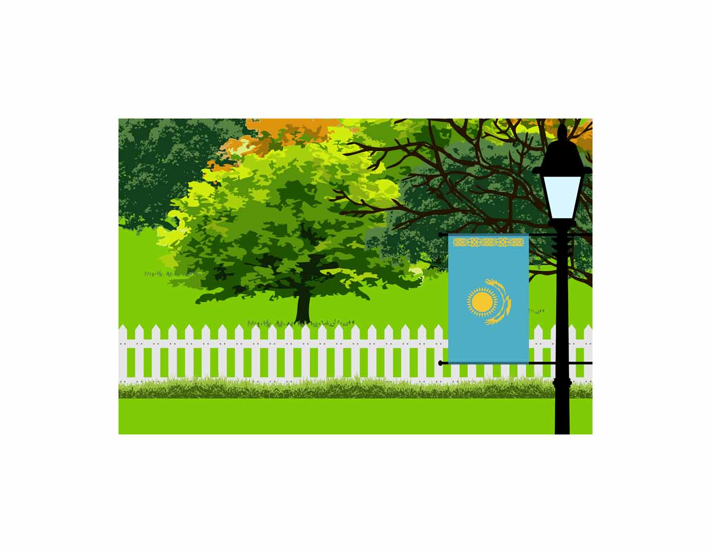 Kazakhstan Flag Trees Street Lamp Vector Illustration