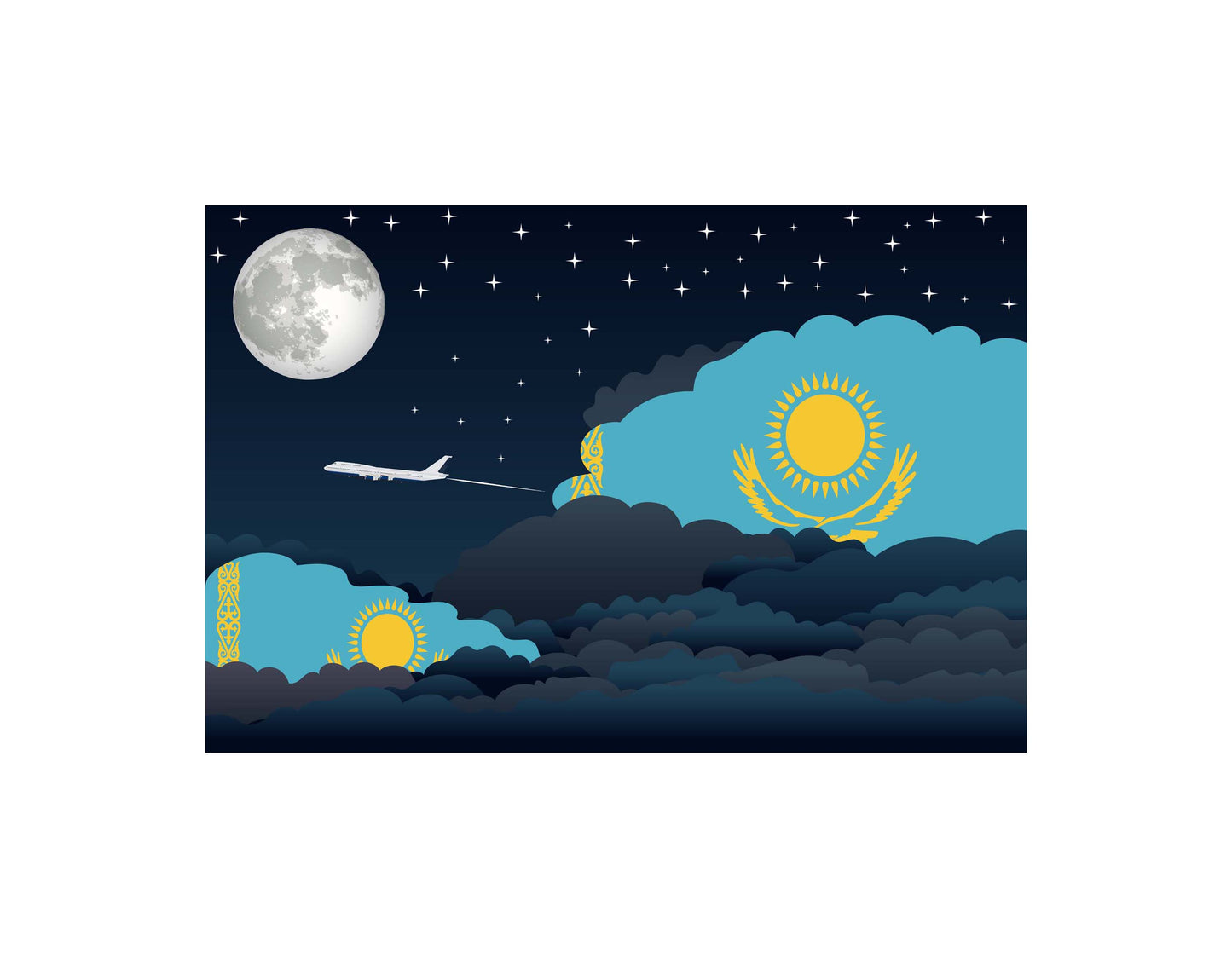 Kazakhstan Airplane Night Clouds Vector Illustrations | Aviation Night Sky Collection