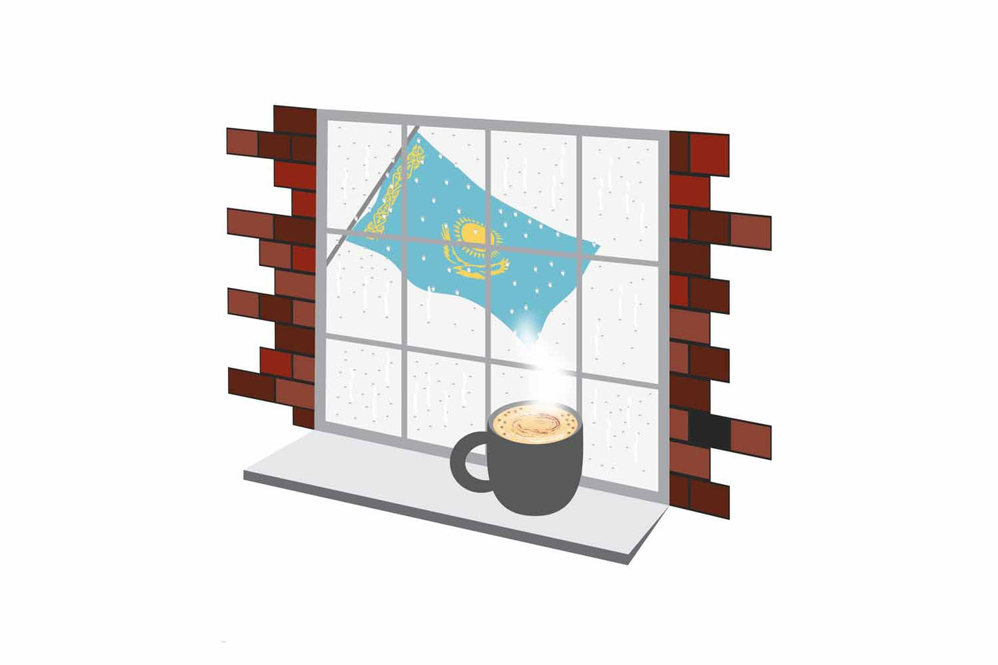 Kazakhstan Coffee Rain Window Vector Illustration | Cozy Café Scene