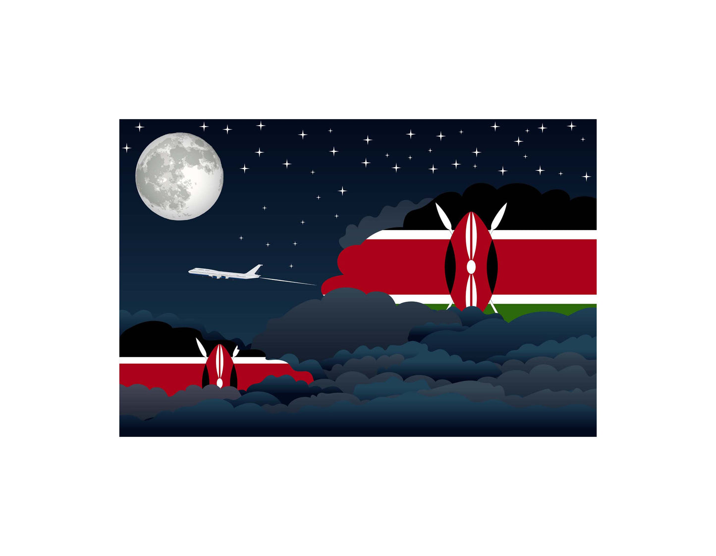 Kenya Airplane Night Clouds Vector Illustrations | Aviation Night Sky Collection