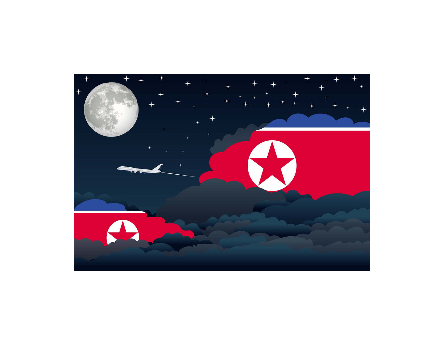 Korea North Airplane Night Clouds Vector Illustrations | Aviation Night Sky Collection