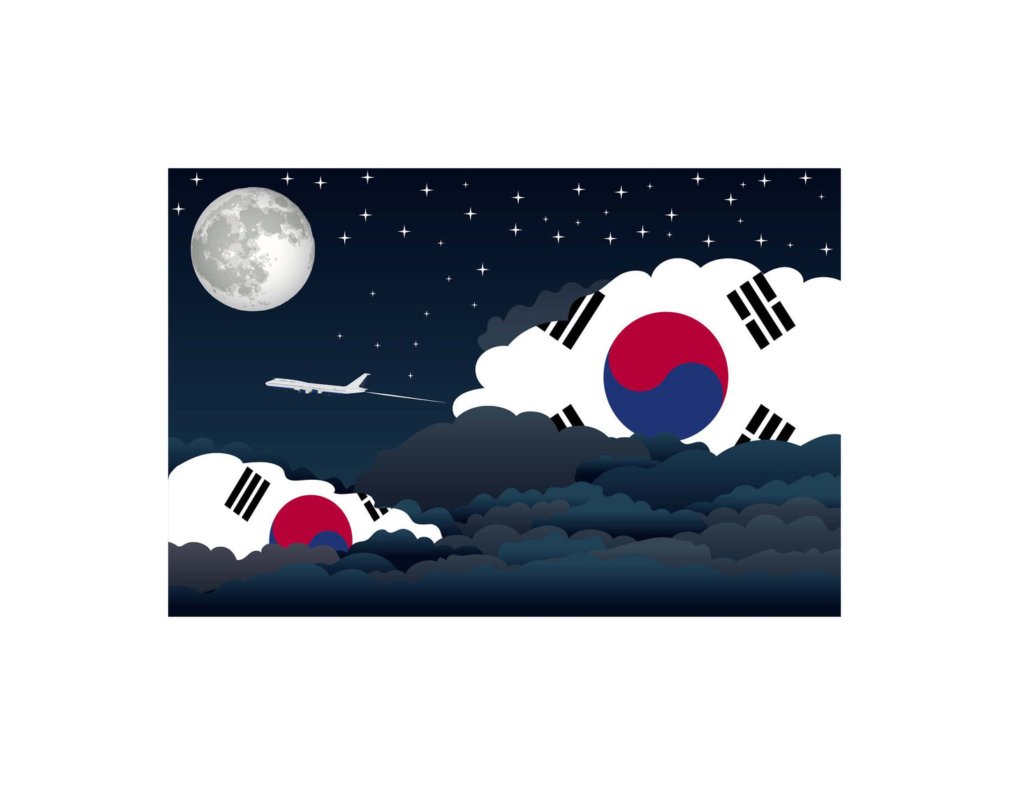 Korea South Airplane Night Clouds Vector Illustrations | Aviation Night Sky Collection