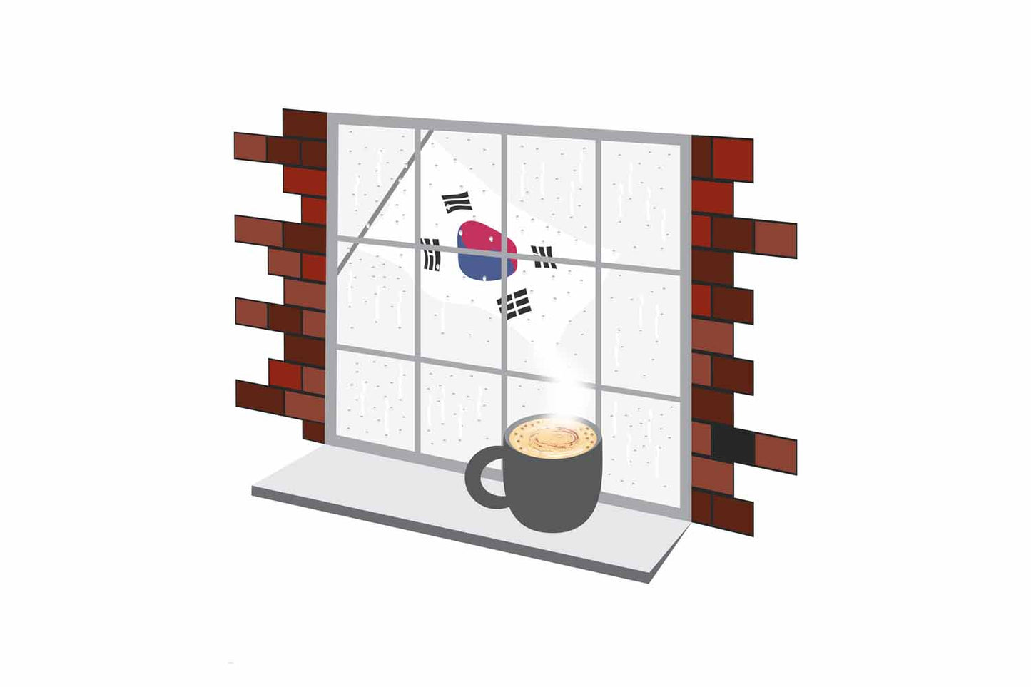 Korea South Coffee Rain Window Vector Illustration | Cozy Café Scene