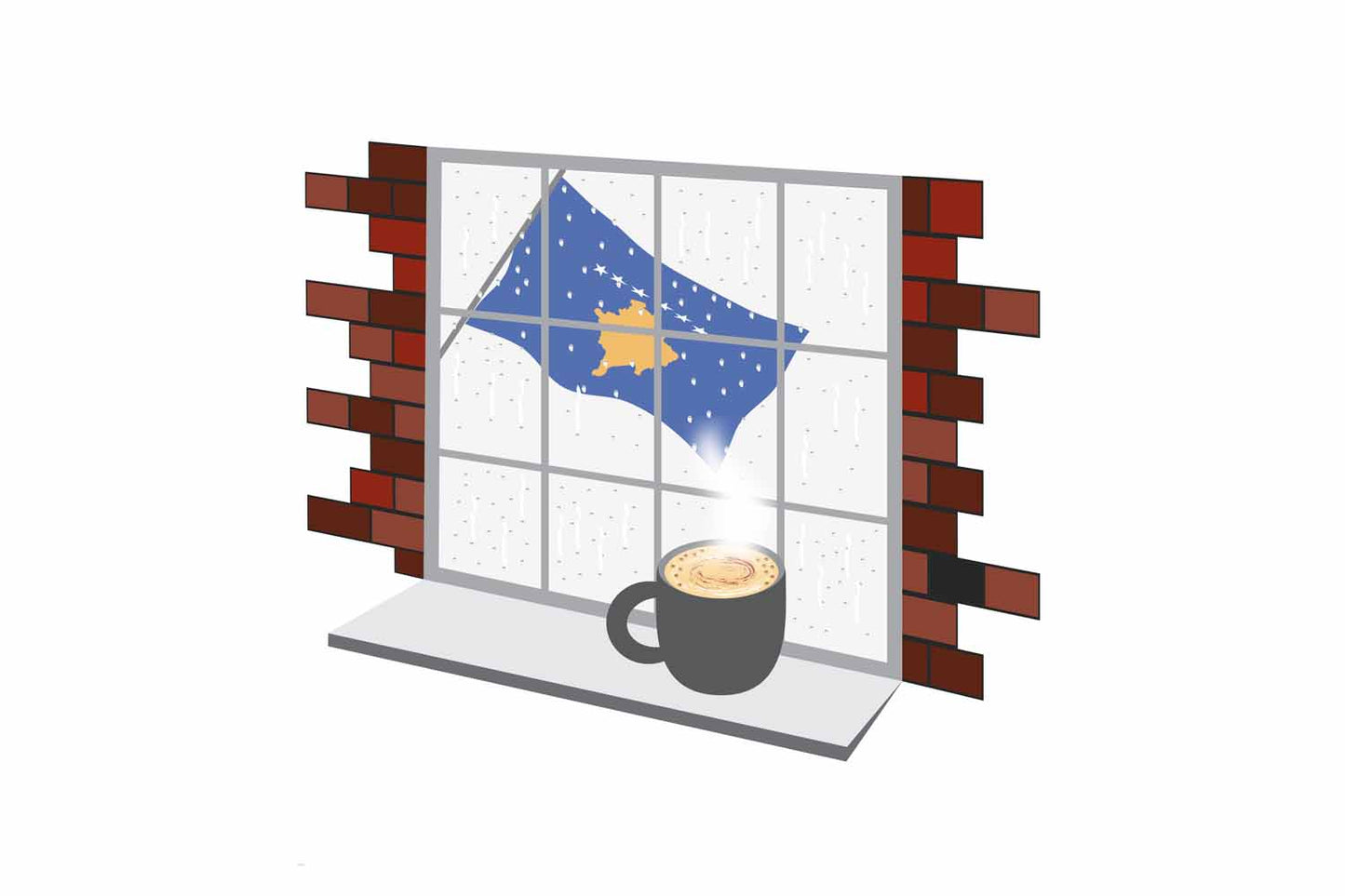 Kosovo Coffee Rain Window Vector Illustration | Cozy Café Scene