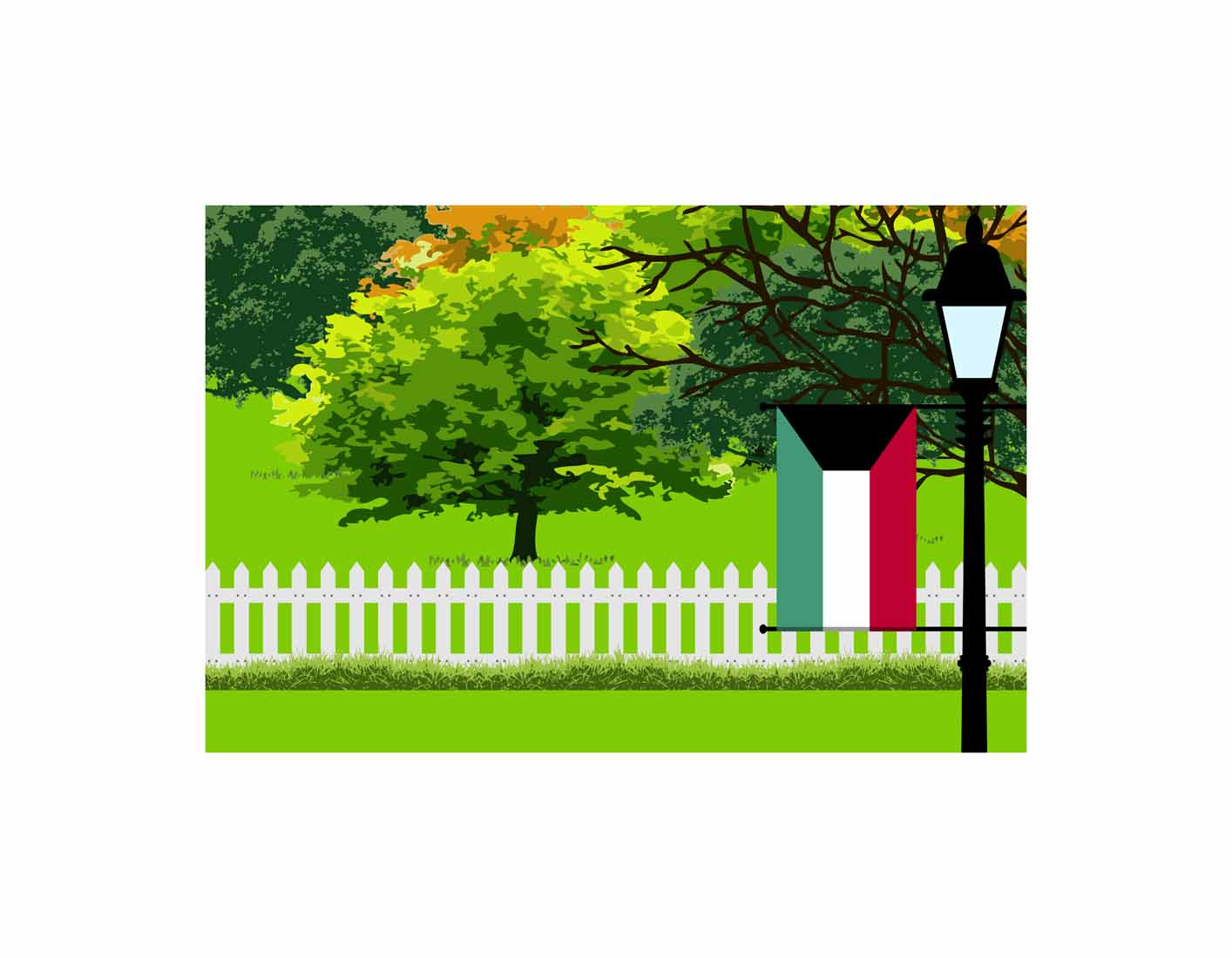 Kuwait Flag Trees Street Lamp Vector Illustration