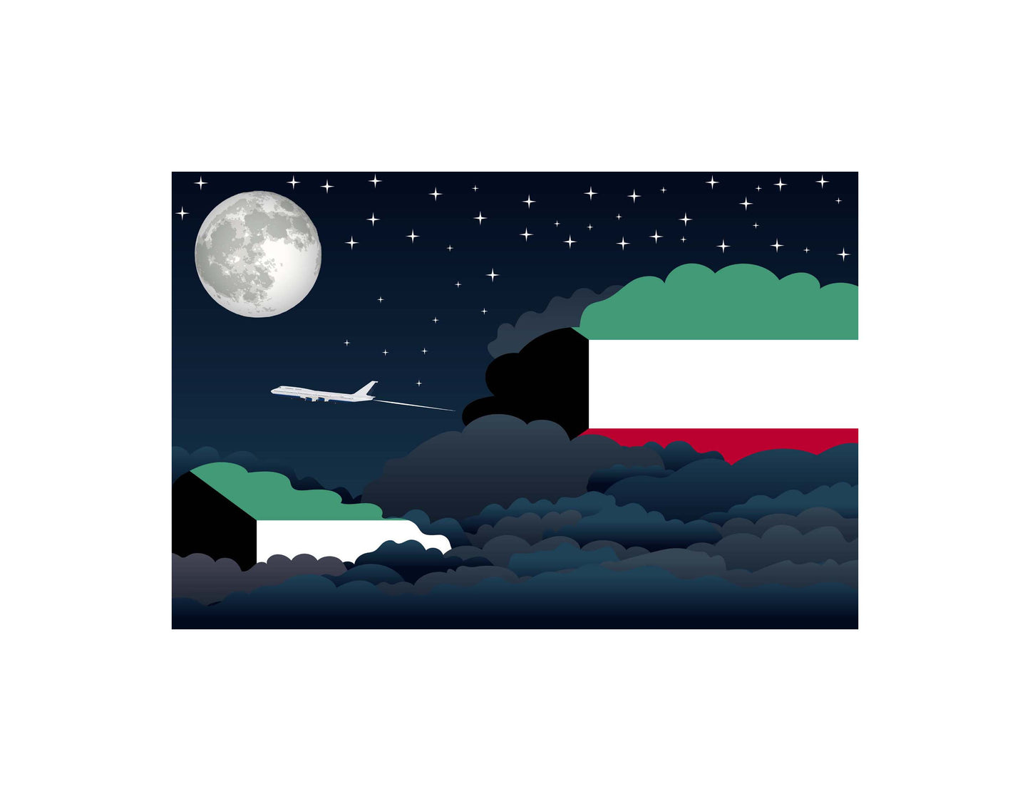 Kuwait Airplane Night Clouds Vector Illustrations | Aviation Night Sky Collection