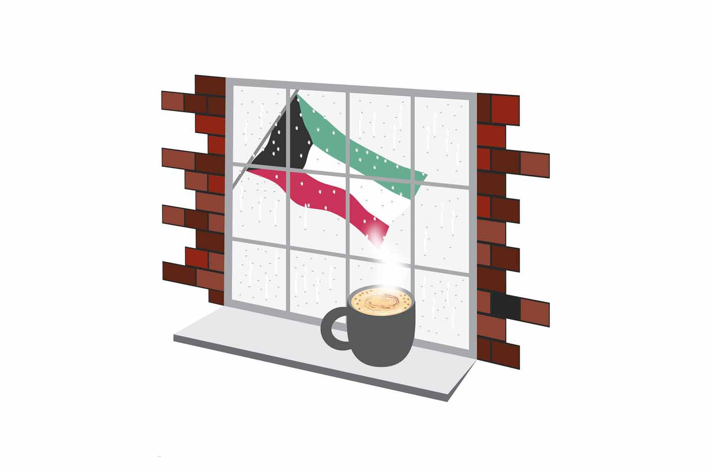 Kuwait Coffee Rain Window Vector Illustration | Cozy Café Scene