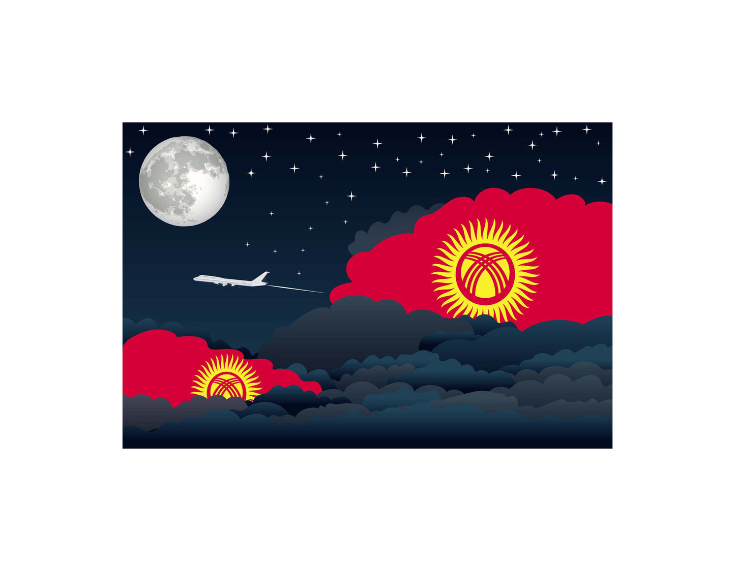 Kyrgyzstan Night Clouds Airplane Airport Flight Vector Illustration