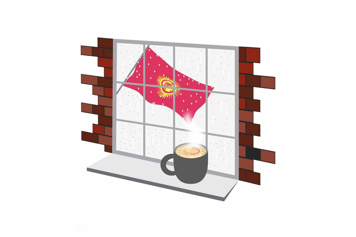 Kyrgyzstan Coffee Rain Window Vector Illustration | Cozy Café Scene