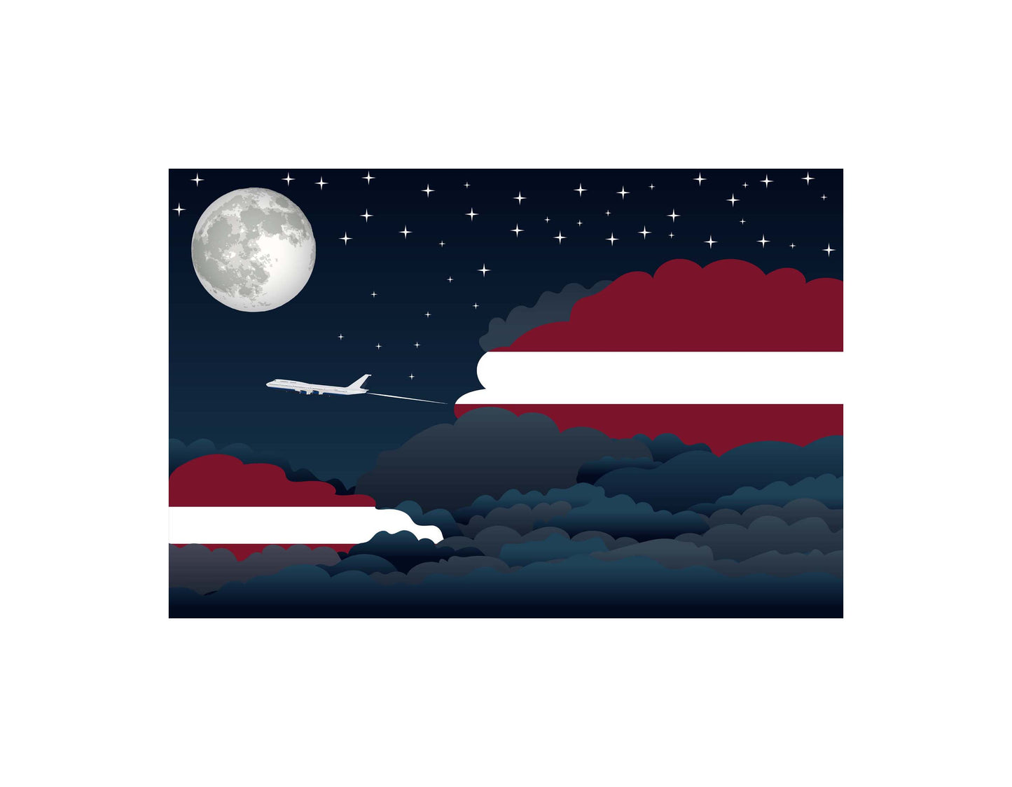 Latvia Airplane Night Clouds Vector Illustrations | Aviation Night Sky Collection
