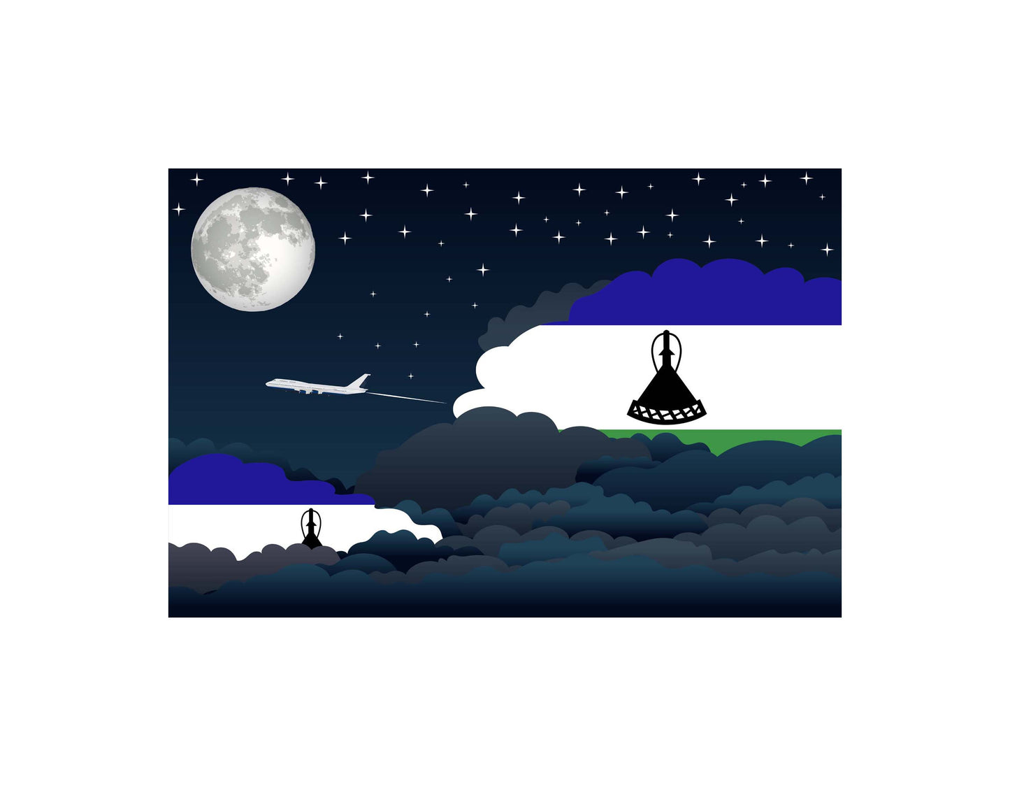 Lesotho Airplane Night Clouds Vector Illustrations | Aviation Night Sky Collection