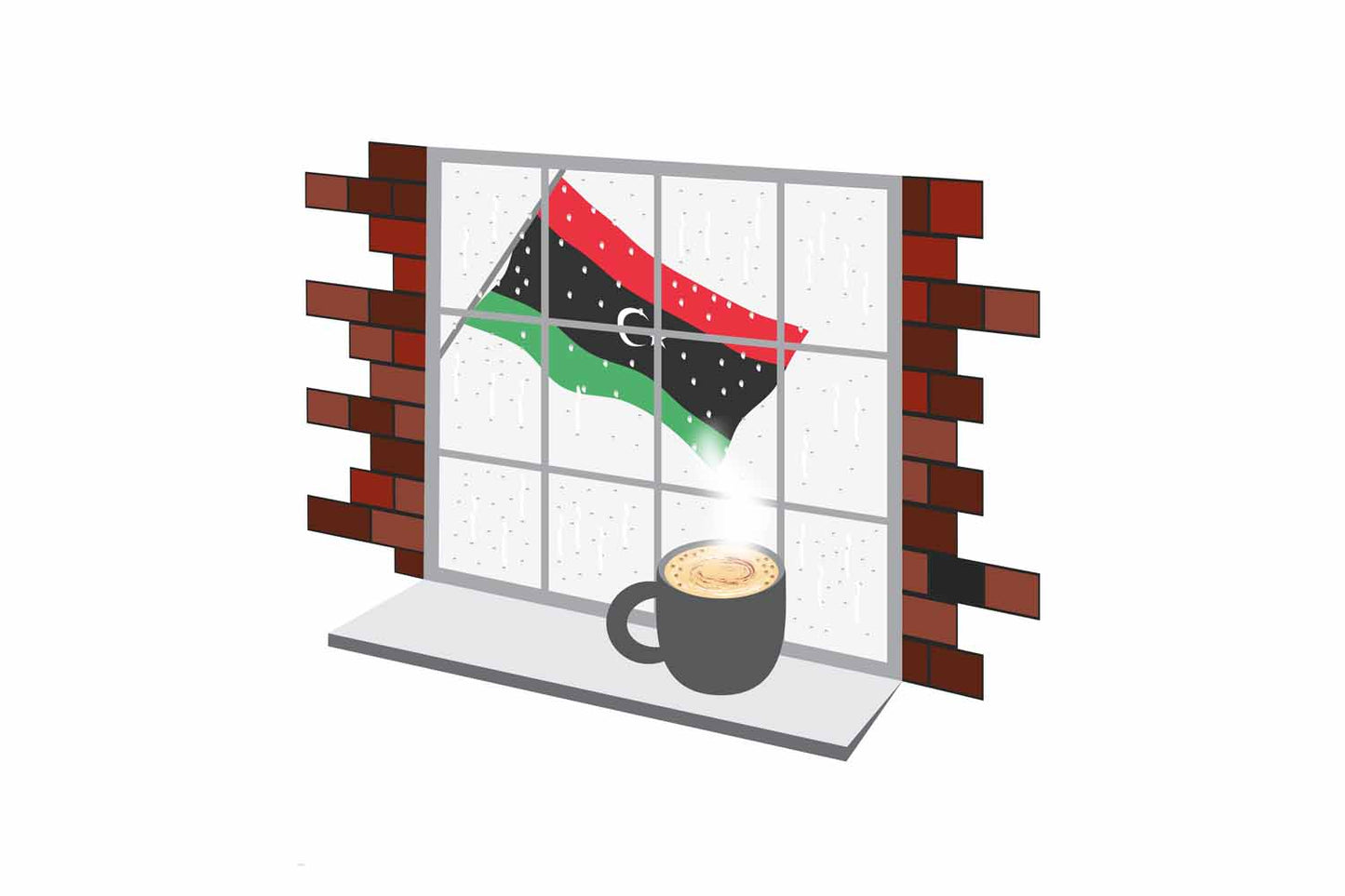 Libya Coffee Rain Window Vector Illustration | Cozy Café Scene