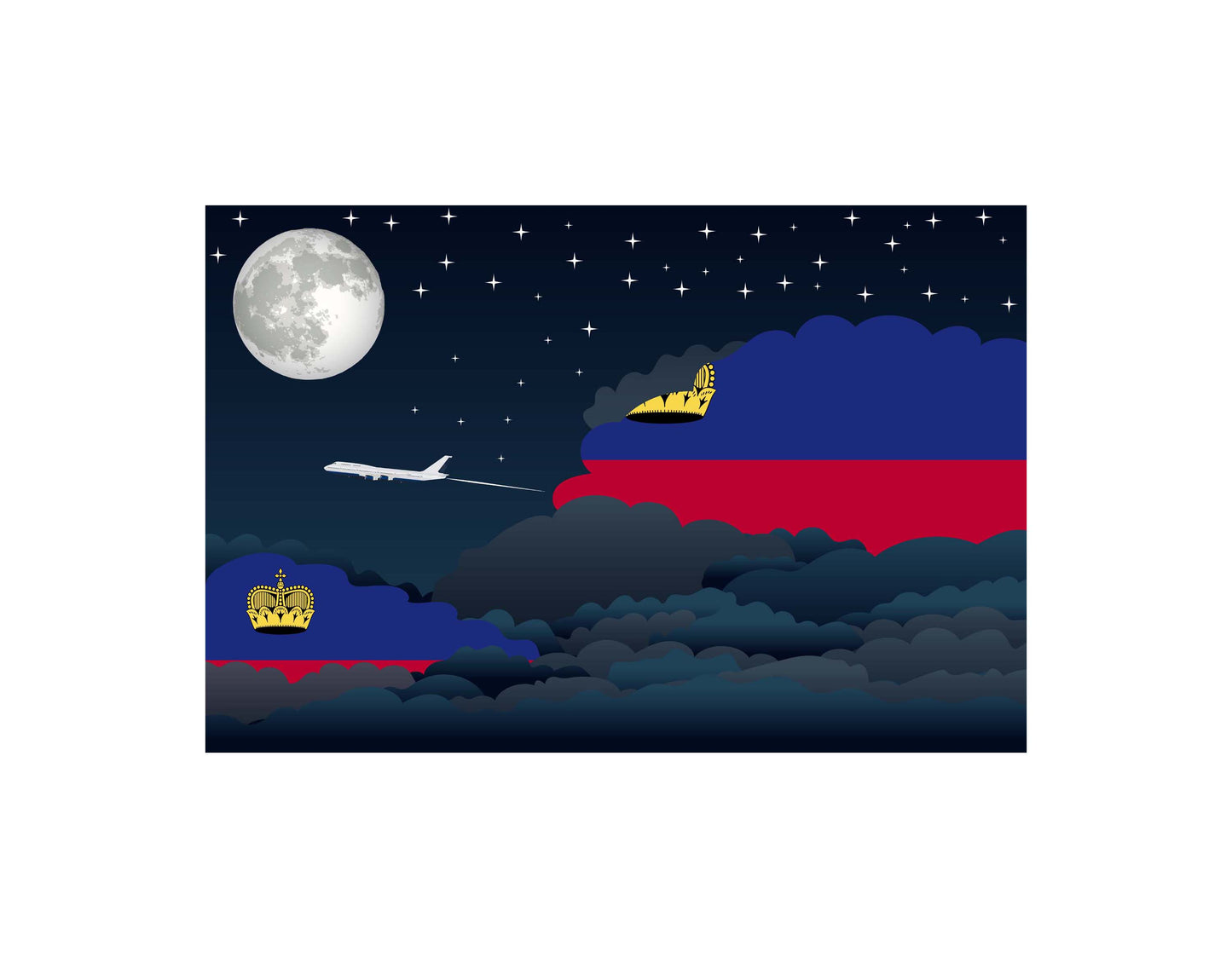 Liechtenstein Airplane Night Clouds Vector Illustrations | Aviation Night Sky Collection