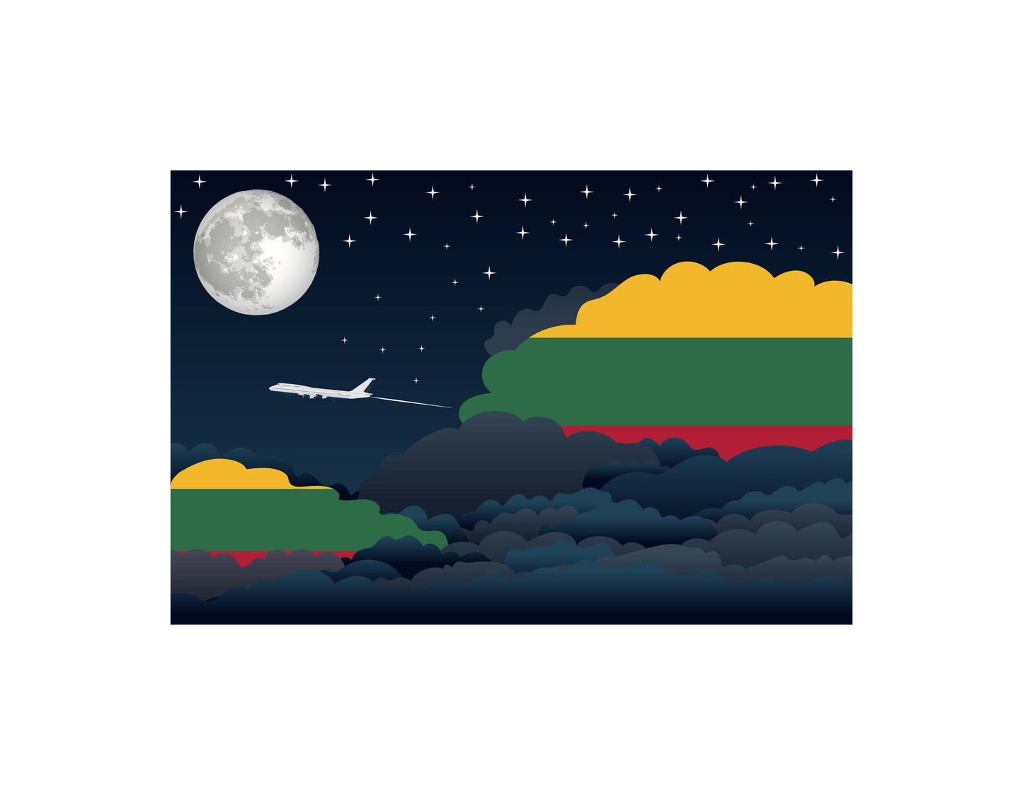 Lithuania Airplane Night Clouds Vector Illustrations | Aviation Night Sky Collection