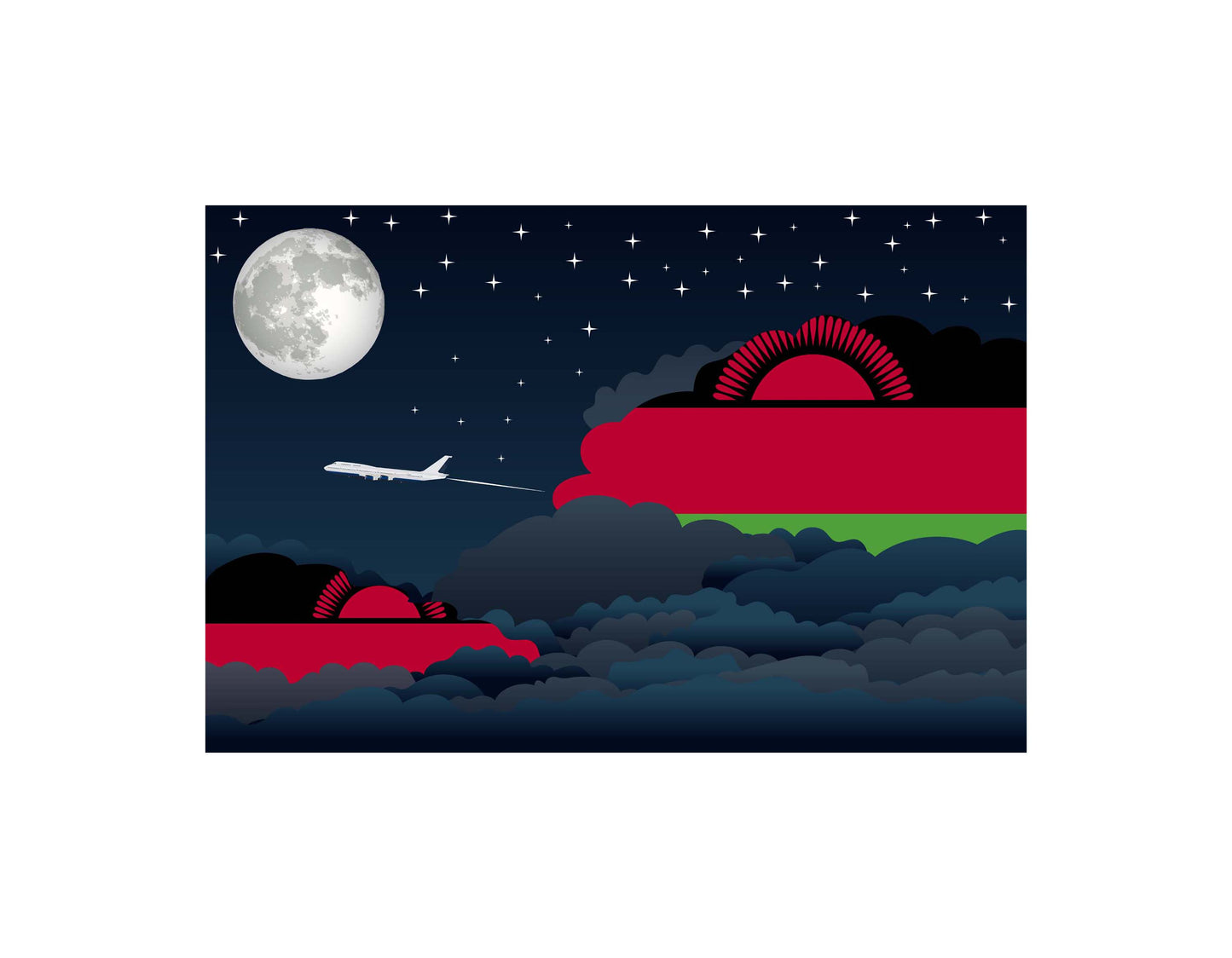 Malawi Airplane Night Clouds Vector Illustrations | Aviation Night Sky Collection