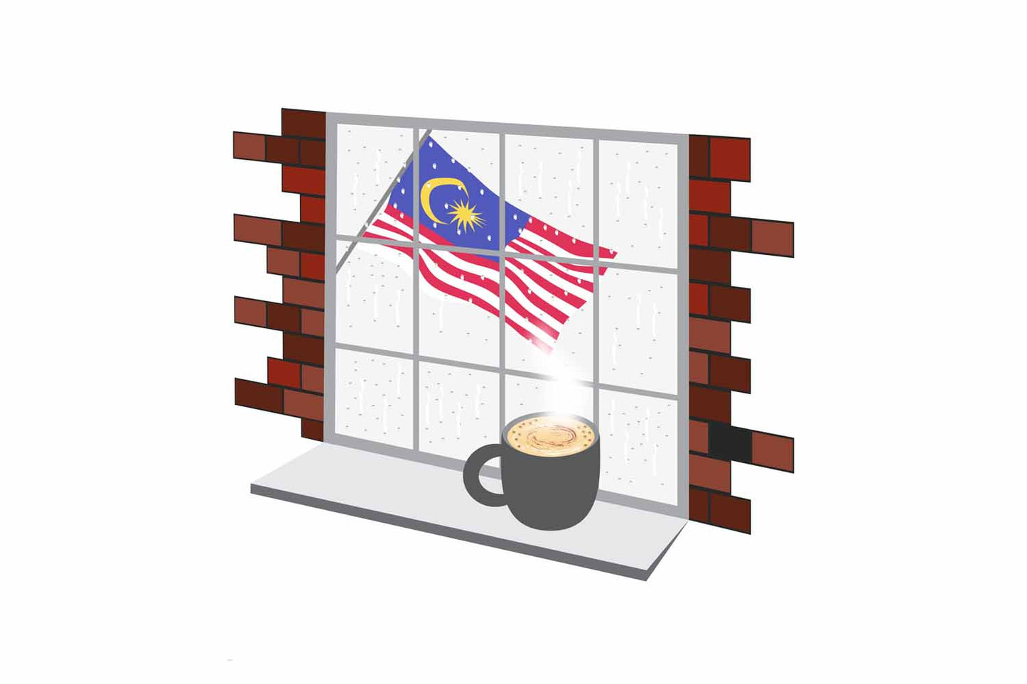 Malaysia Coffee Rain Window Vector Illustration | Cozy Café Scene
