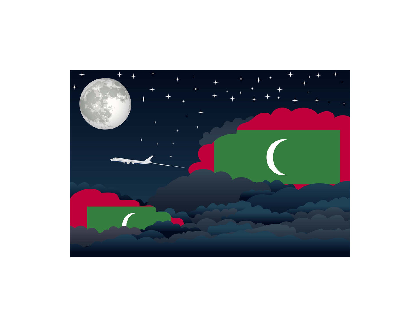 Maldives Airplane Night Clouds Vector Illustrations | Aviation Night Sky Collection