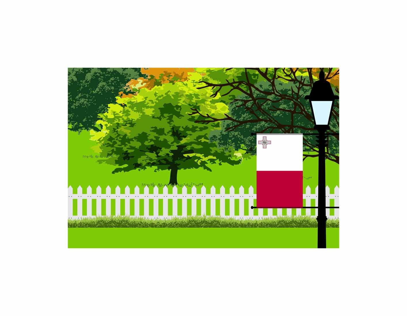 Malta Flag Trees Street Lamp Vector Illustration