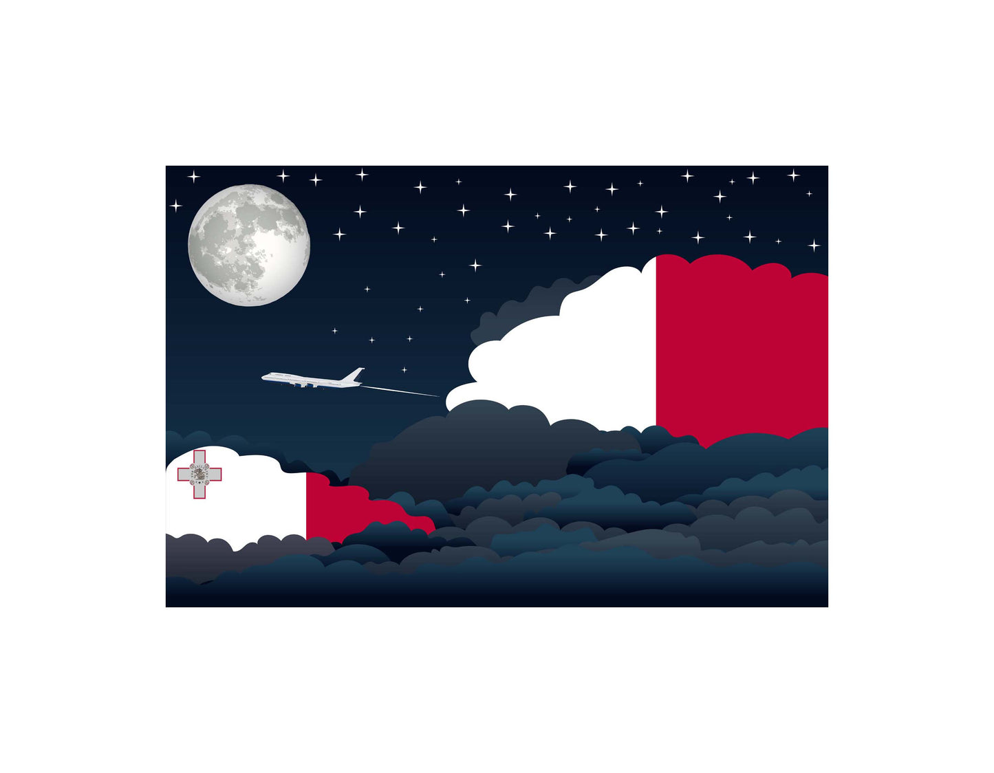 Malta Airplane Night Clouds Vector Illustrations | Aviation Night Sky Collection