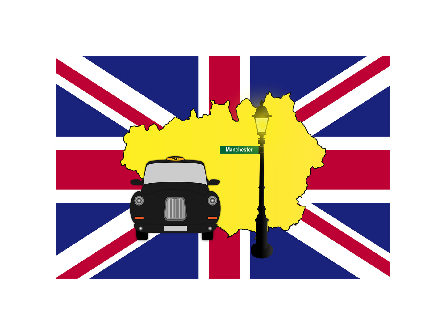 Manchester United Kingdom Black Taxi Vector Illustrations | Iconic London Taxi Collection