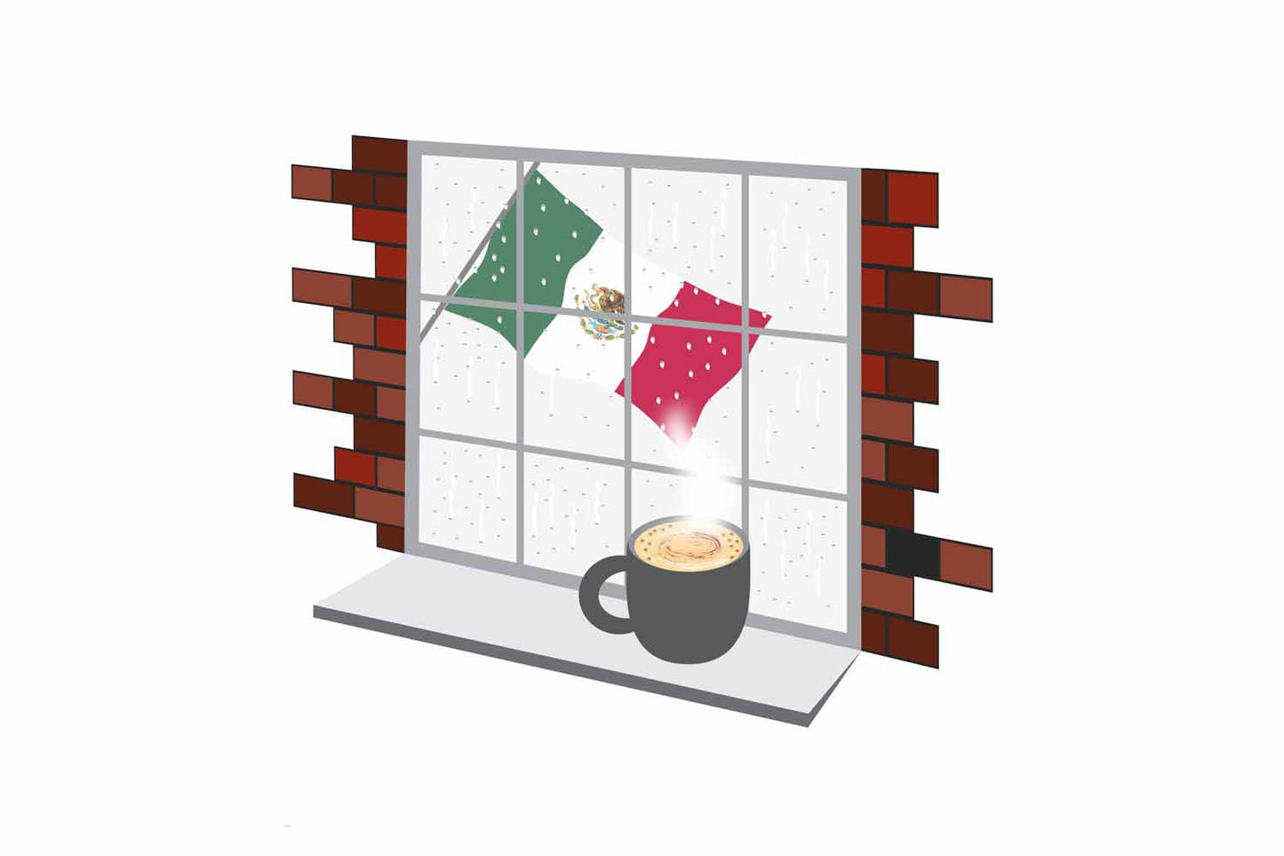 Mexico Coffee Rain Window Vector Illustration | Cozy Café Scene