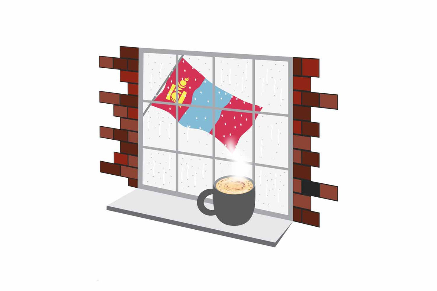 Mongolia Coffee Rain Window Vector Illustration | Cozy Café Scene
