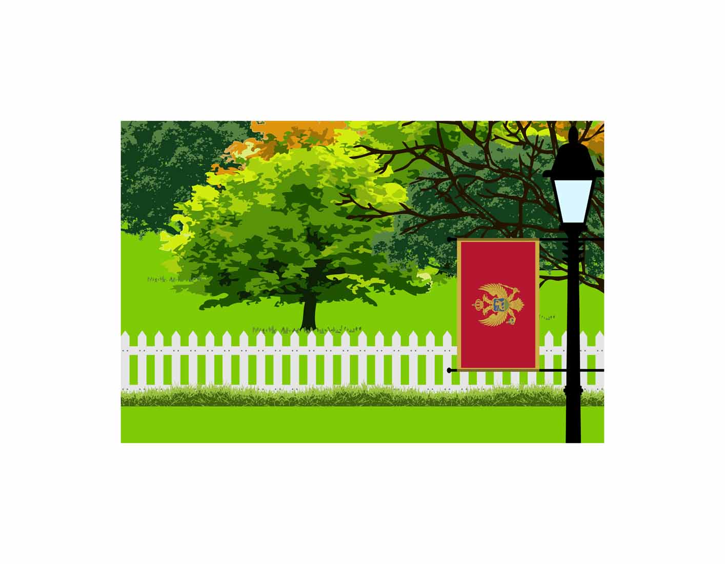 Montenegro Flag Trees Street Lamp Vector Illustration