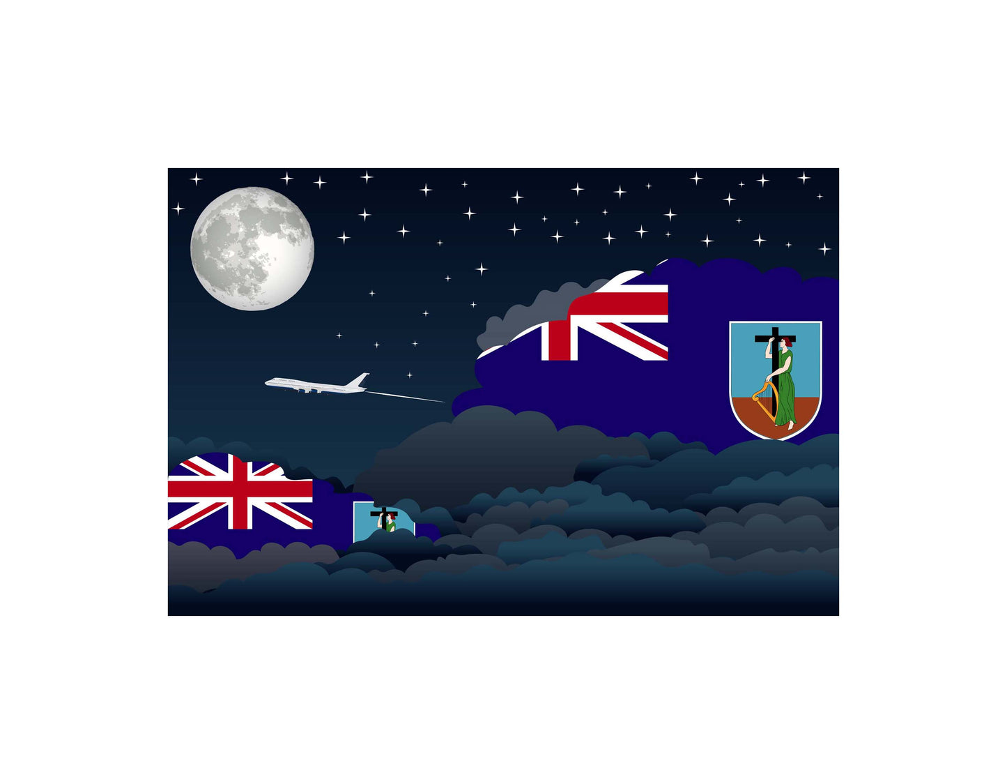 Montserrat Airplane Night Clouds Vector Illustrations | Aviation Night Sky Collection