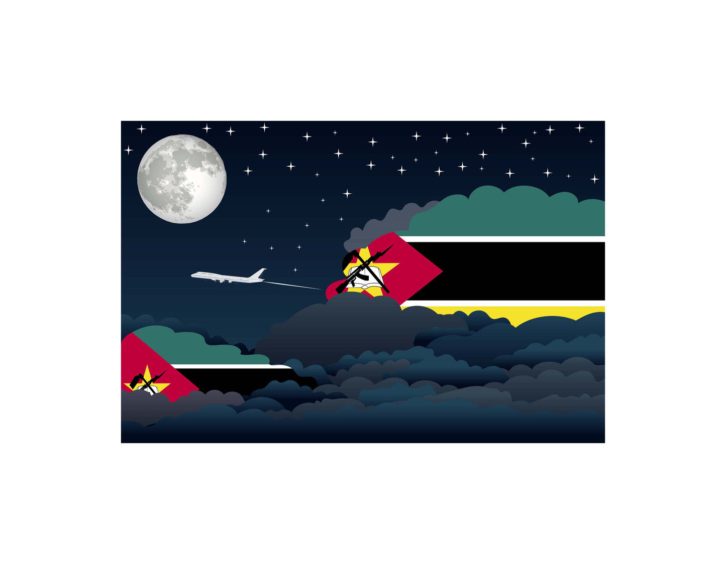Mozambique Airplane Night Clouds Vector Illustrations | Aviation Night Sky Collection