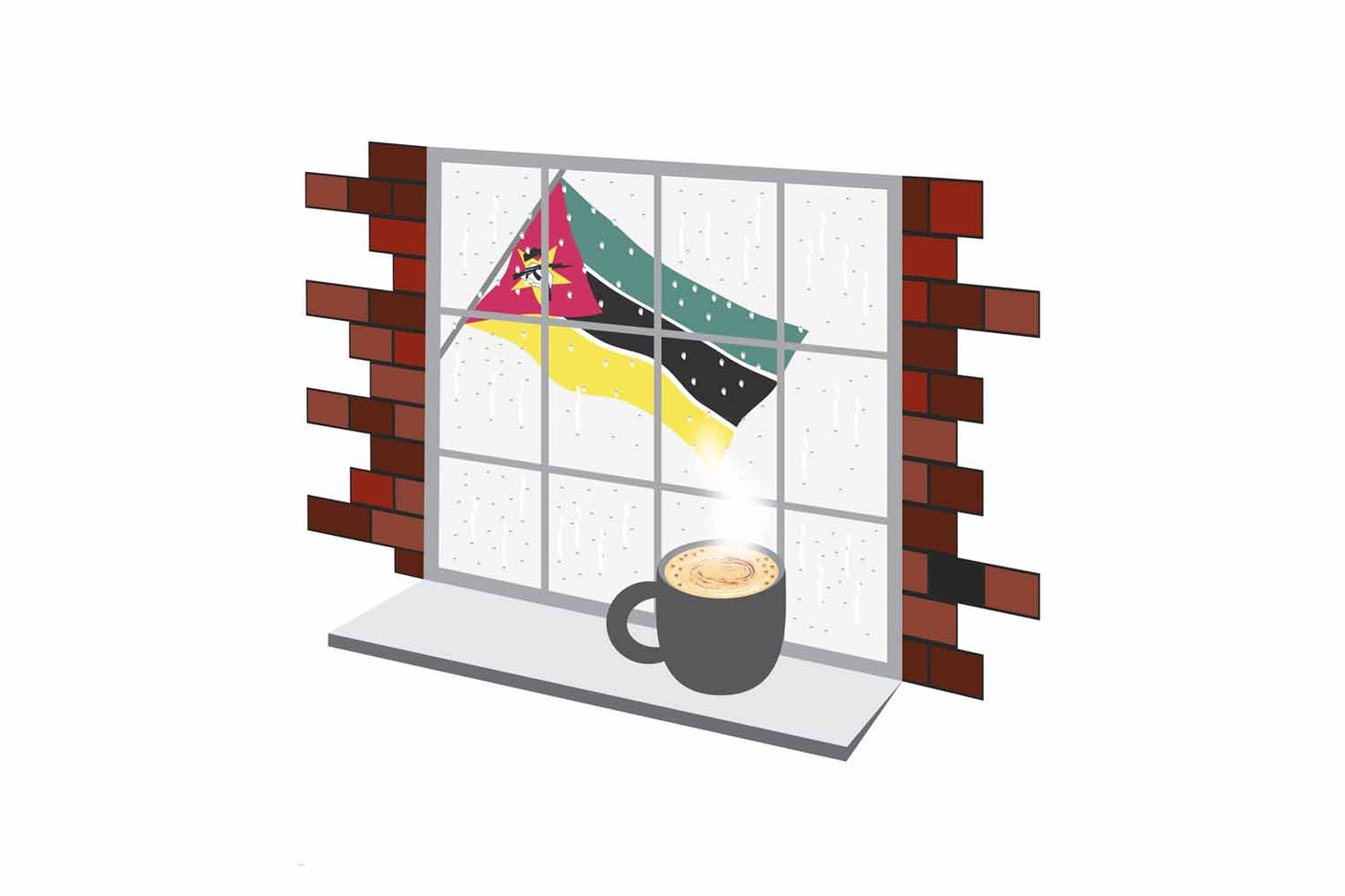 Mozambique Coffee Rain Window Vector Illustration | Cozy Café Scene