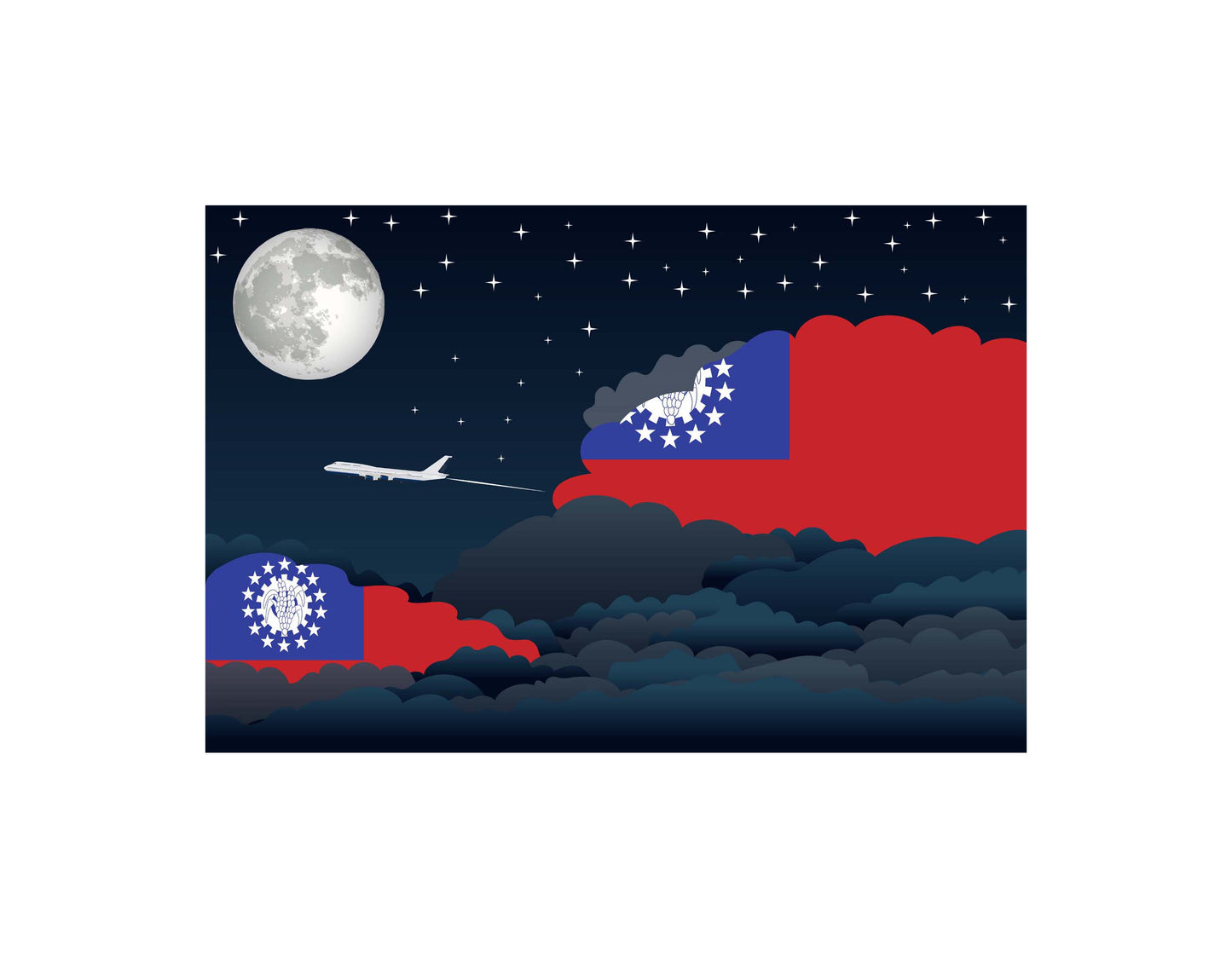 Myanmar Burma Airplane Night Clouds Vector Illustrations | Aviation Night Sky Collection