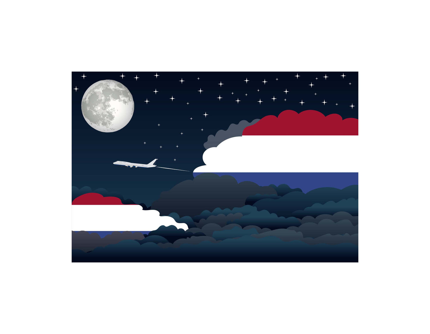 Netherlands Antilles Airplane Night Clouds Vector Illustrations | Aviation Night Sky Collection
