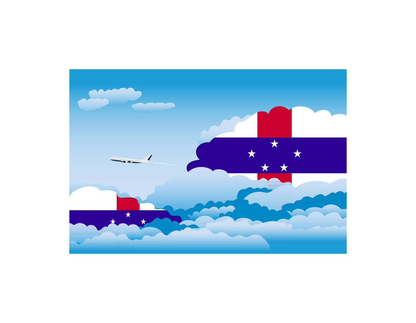 Netherlands Antilles Airplane Day Clouds Vector Illustration | Travel & Aviation Sky Scene