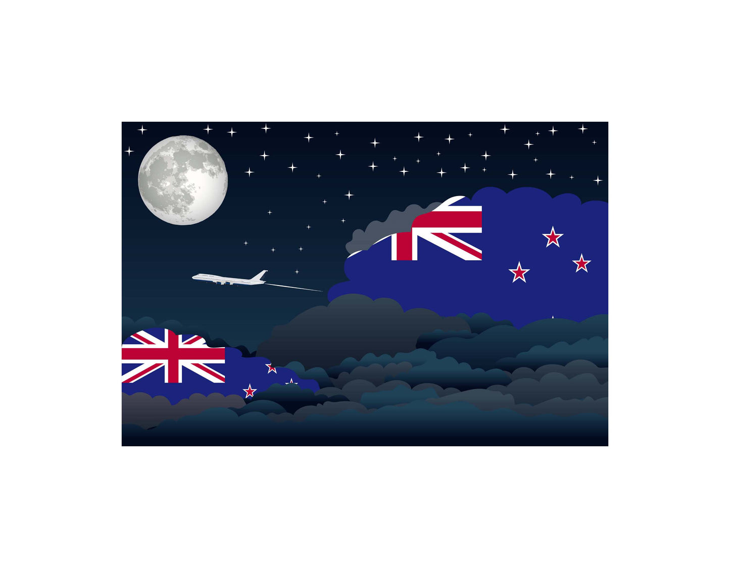 New Zealand Night Clouds Airplane Airport Flight Vector Illustration