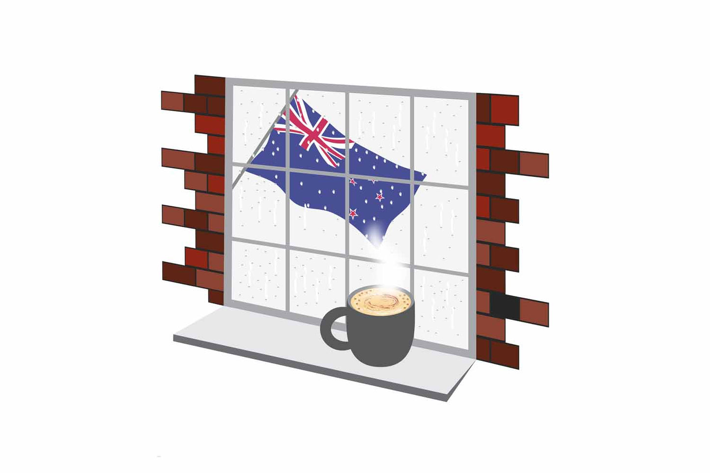 New Zealand Coffee Rain Window Vector Illustration | Cozy Café Scene