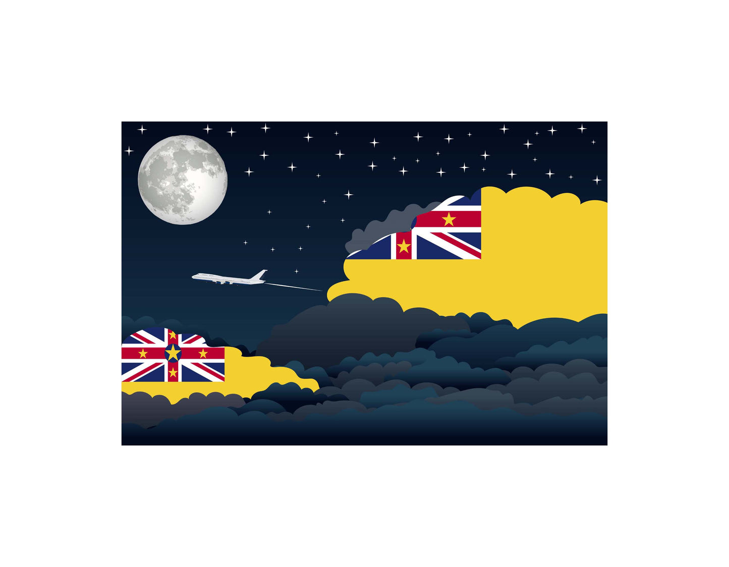 Niue Airplane Night Clouds Vector Illustrations | Aviation Night Sky Collection