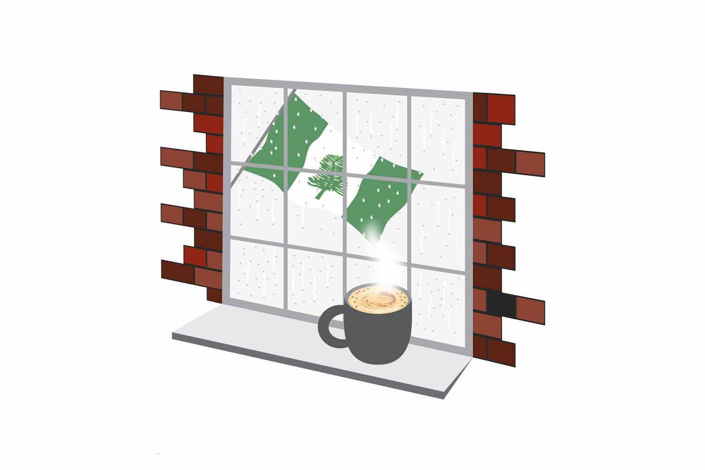 Norfolk Island Coffee Rain Window Vector Illustration | Cozy Café Scene