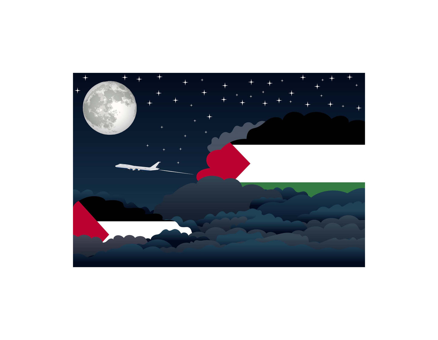 Palestine Airplane Night Clouds Vector Illustrations | Aviation Night Sky Collection