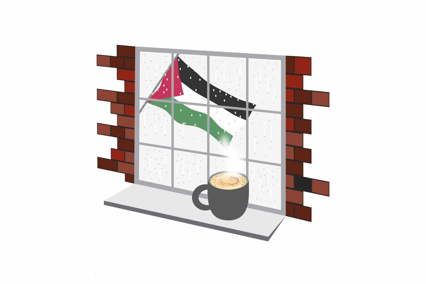 Palestine Coffee Rain Window Vector Illustration | Cozy Café Scene