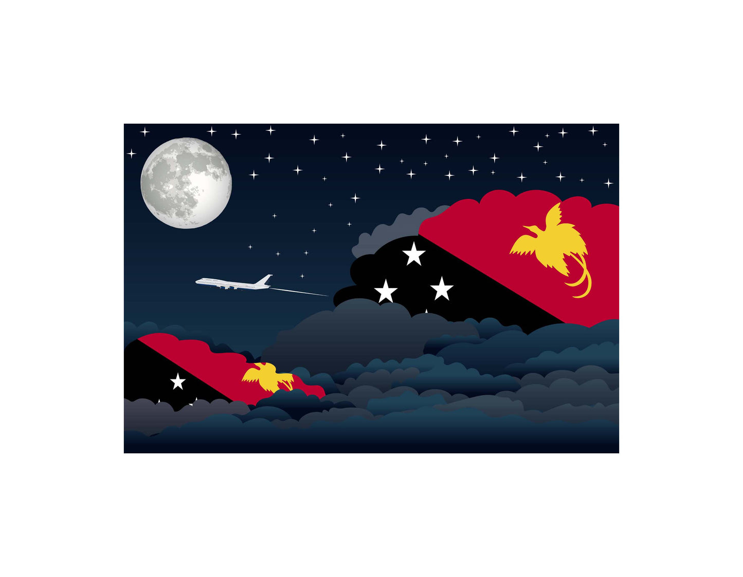 Papua New Guinea Flag Night Clouds Aeroplane Airport Flying Vector Illustration