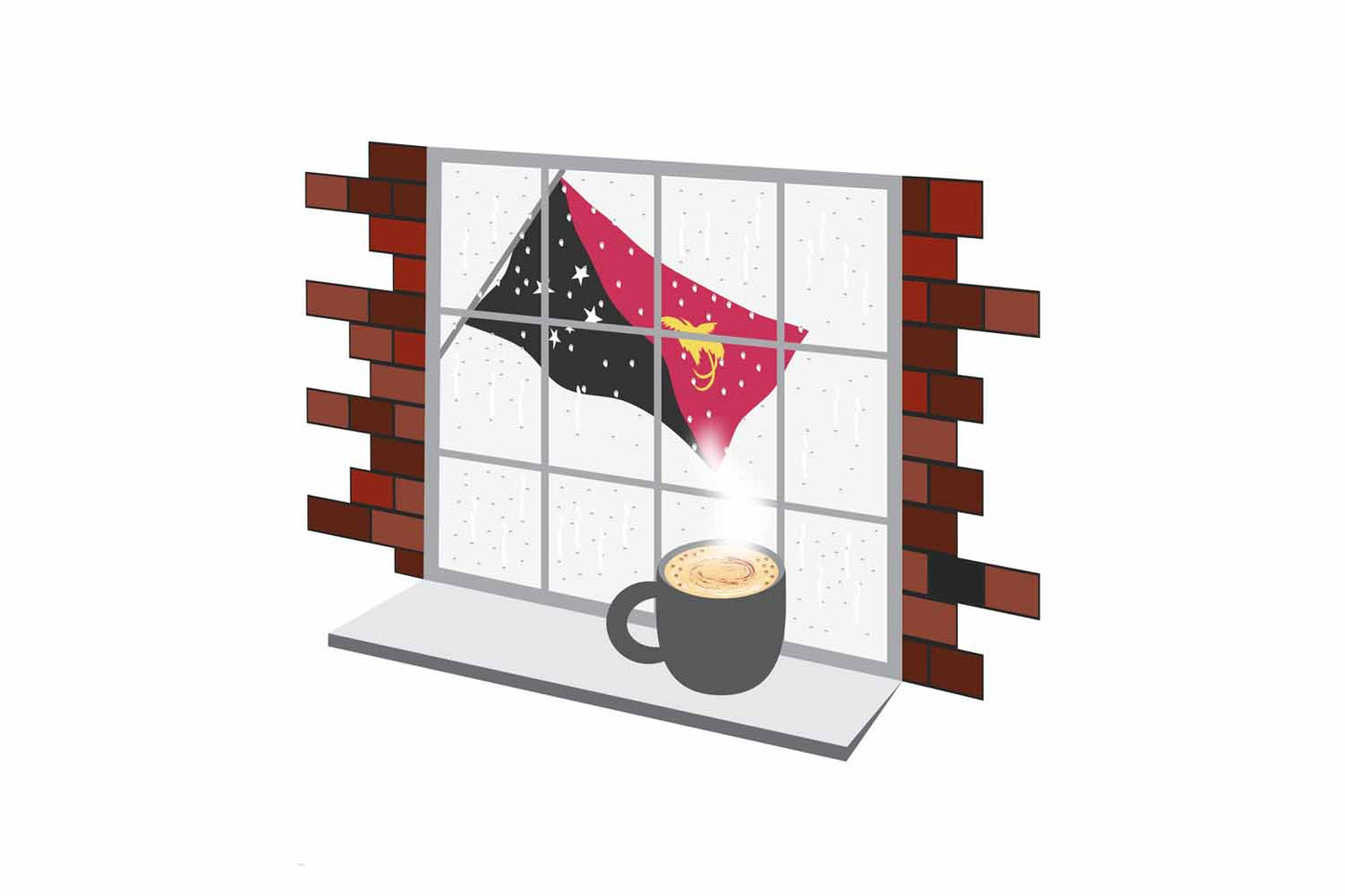 Papua New Guinea Coffee Rain Window Vector Illustration | Cozy Café Scene