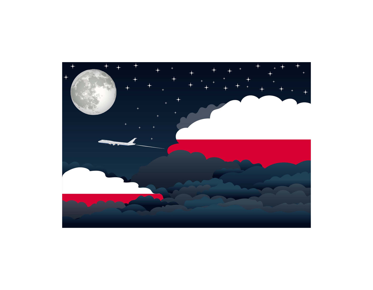 Poland Airplane Night Clouds Vector Illustrations | Aviation Night Sky Collection
