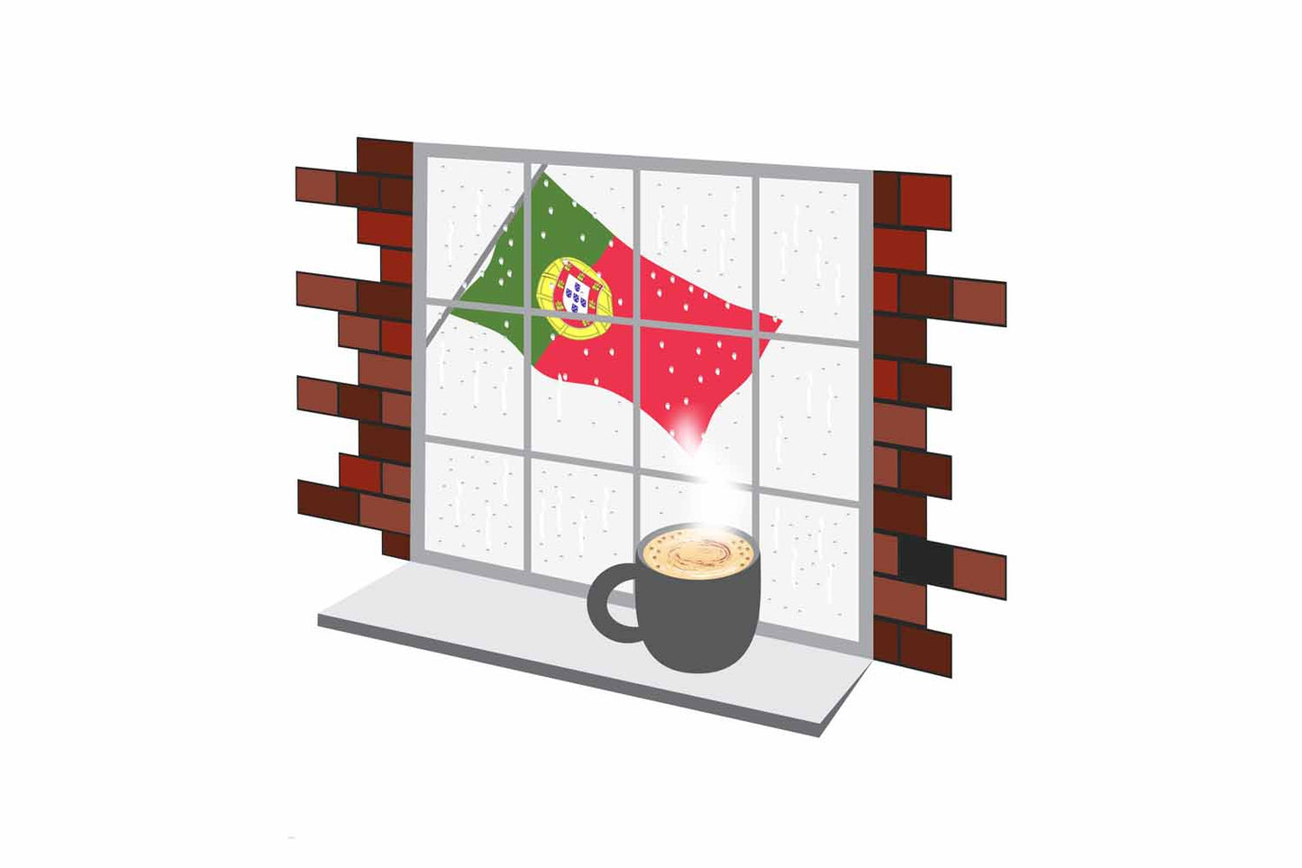 Portugal Coffee Rain Window Vector Illustration | Cozy Café Scene