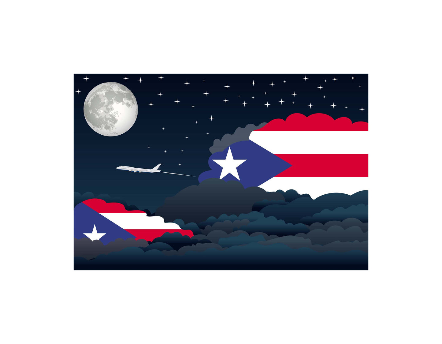 Puerto Rico Airplane Night Clouds Vector Illustrations | Aviation Night Sky Collection